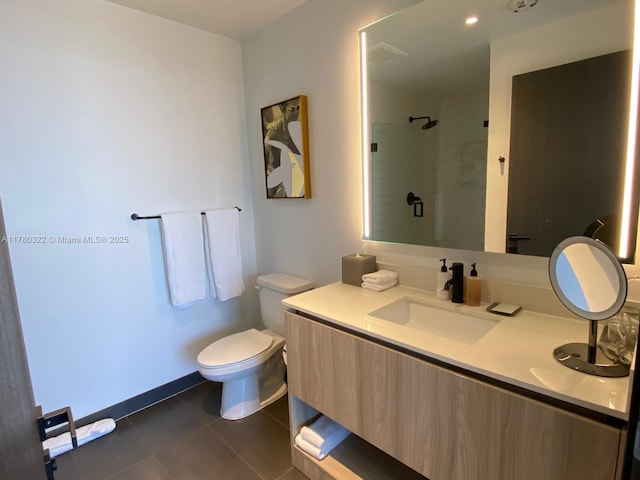 398 NE 5th St Unit 2910, Miami, FL 33132 - bathroom with a stall shower, tile patterned floors, toilet, vanity, and baseboards