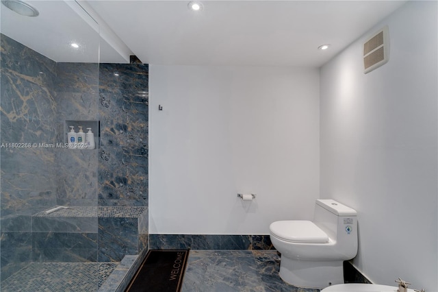 full bath with marble finish flooring, toilet, a walk in shower, and recessed lighting