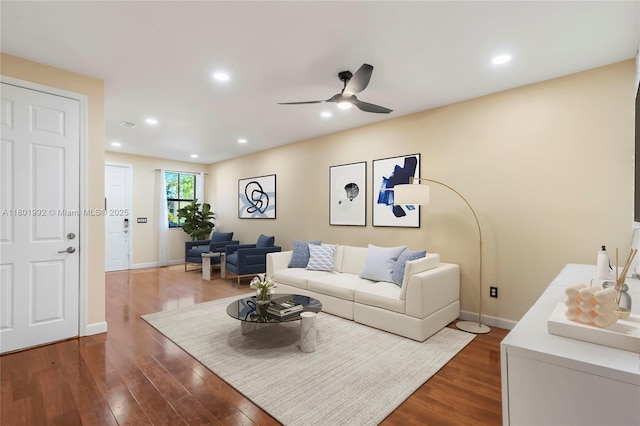 6973 Broadland Way, Coconut Creek, FL 33073 - living area featuring ceiling fan, dark wood-type flooring, baseboards, and recessed lighting