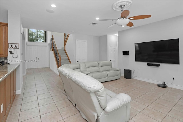 4968 SW 183rd Ave, Miramar, FL 33029 - living room featuring light tile patterned flooring, stairway, ceiling fan, recessed lighting, and baseboards