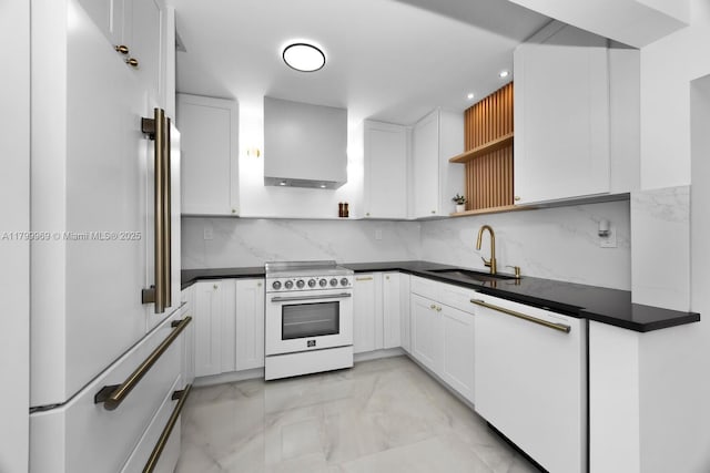 5410 SW 2nd St, Miami, FL 33134 - kitchen with white appliances, a sink, open shelves, wall chimney exhaust hood, and dark countertops
