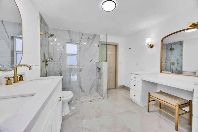 5410 SW 2nd St, Miami, FL 33134 - bathroom with marble tiled floors, toilet, a marble finish shower, and vanity