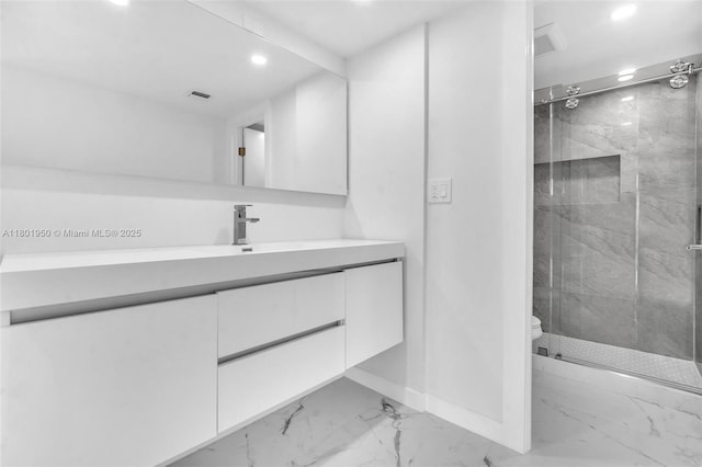 20335 W Country Club Dr Unit 1108, Aventura, FL 33180 - full bath with recessed lighting, marble finish floors, a shower stall, vanity, and baseboards