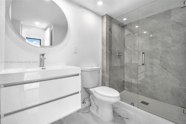 20335 W Country Club Dr Unit 1108, Aventura, FL 33180 - full bath featuring a shower stall, vanity, toilet, recessed lighting, and marble finish flooring