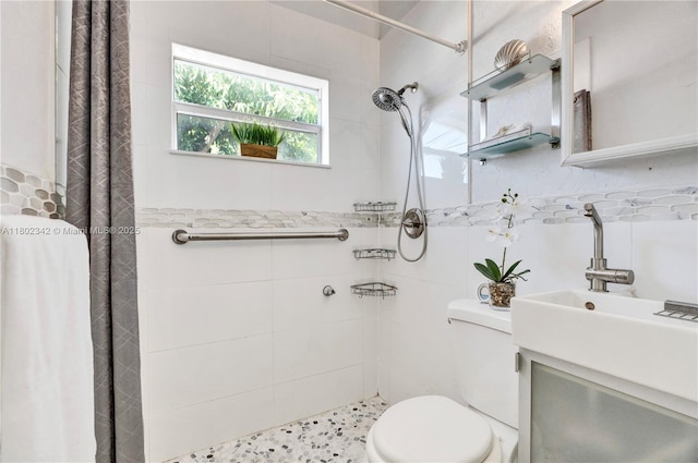 38 NW 47th Ter, Miami, FL 33127 - bathroom featuring tile walls, tiled shower, toilet, and a sink