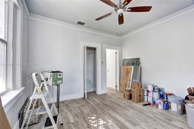 38 NW 47th Ter, Miami, FL 33127 - office area featuring crown molding, a ceiling fan, wood finished floors, and baseboards