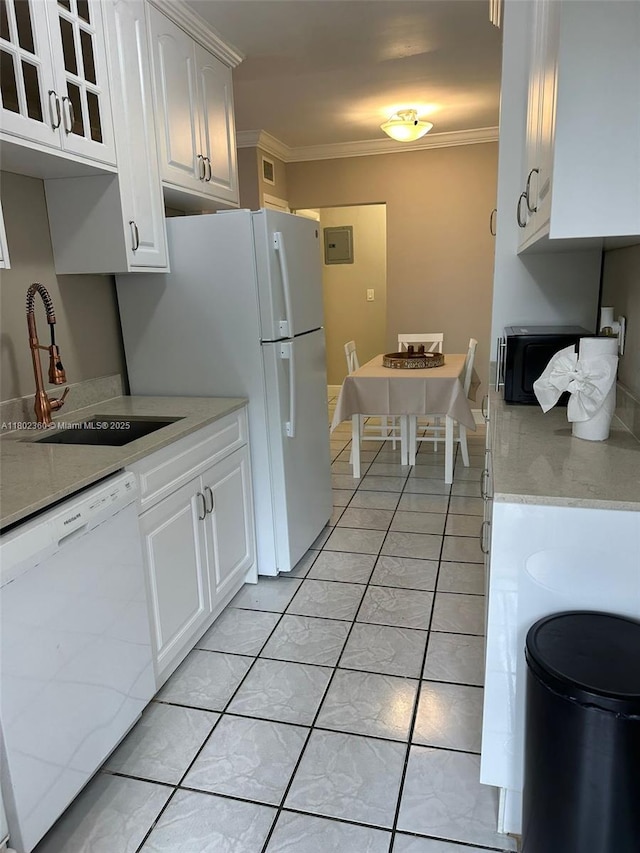 2600 S Ocean Dr Unit S113, Hollywood, FL 33019 - kitchen featuring white dishwasher, a sink, black microwave, white cabinets, and crown molding