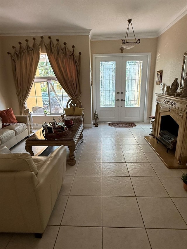 8943 NW 174th St, Hialeah, FL 33018 - living area featuring light tile patterned floors, french doors, crown molding, and baseboards