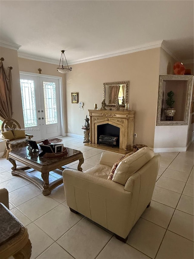 8943 NW 174th St, Hialeah, FL 33018 - living room featuring light tile patterned floors, ornamental molding, french doors, a fireplace with raised hearth, and baseboards