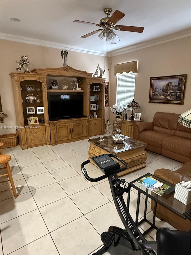 8943 NW 174th St, Hialeah, FL 33018 - living area with a ceiling fan, light tile patterned flooring, and ornamental molding