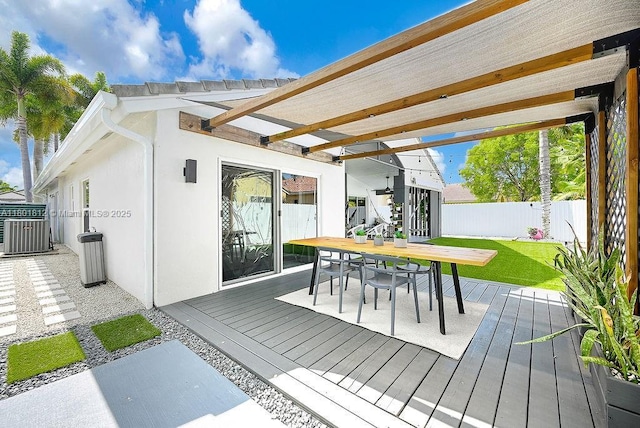 1550 SW 194th Ave, Pembroke Pines, FL 33029 - wooden deck with a fenced backyard, outdoor dining space, central air condition unit, and a pergola