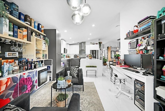 1550 SW 194th Ave, Pembroke Pines, FL 33029 - living room with a dry bar, light tile patterned floors, vaulted ceiling, recessed lighting, and a desk