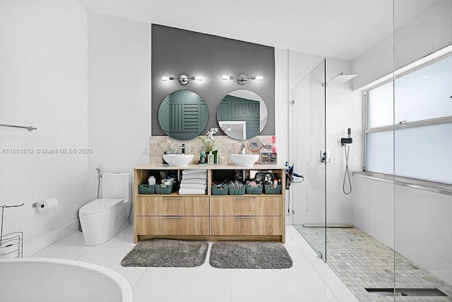 1550 SW 194th Ave, Pembroke Pines, FL 33029 - full bathroom featuring a shower stall, decorative backsplash, double vanity, and toilet