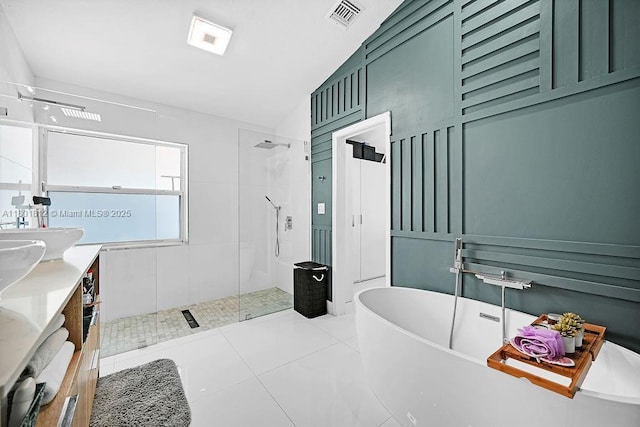 1550 SW 194th Ave, Pembroke Pines, FL 33029 - bathroom featuring a stall shower, a soaking tub, tile patterned flooring, vanity, and lofted ceiling