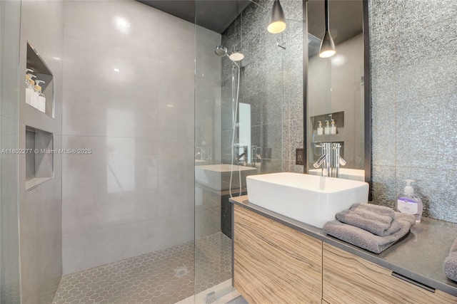 2117 NE 62nd St, Fort Lauderdale, FL 33308 - full bath with walk in shower, tile walls, and vanity