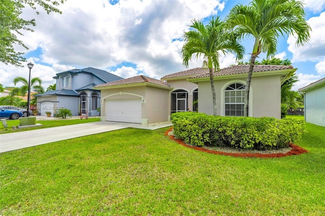 2819 Augusta Ln, Homestead, FL 33035 - mediterranean / spanish-style home with stucco siding, an attached garage, driveway, and a front yard