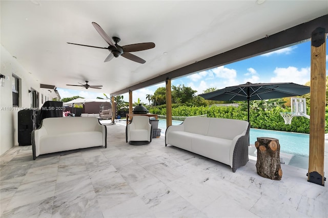 8840 SW 181st Ter, Palmetto Bay, FL 33157 - view of patio with a ceiling fan, an outdoor living space, and an outdoor pool