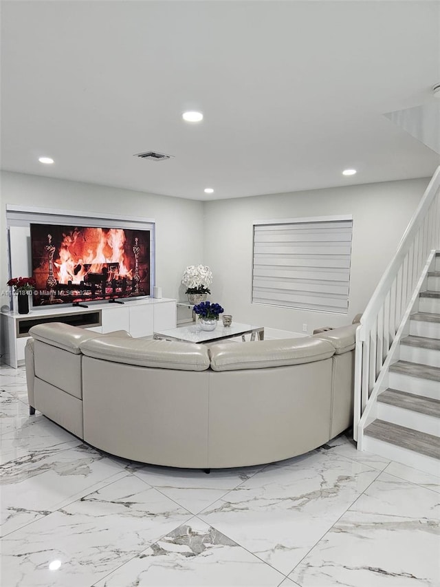 19110 NW 88th Ct, Hialeah, FL 33018 - living area with recessed lighting, stairs, and light marble finish floors