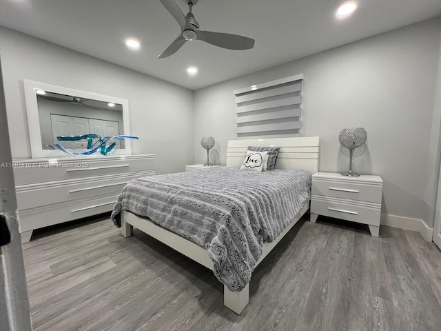 19110 NW 88th Ct, Hialeah, FL 33018 - bedroom featuring wood finished floors, recessed lighting, baseboards, and ceiling fan