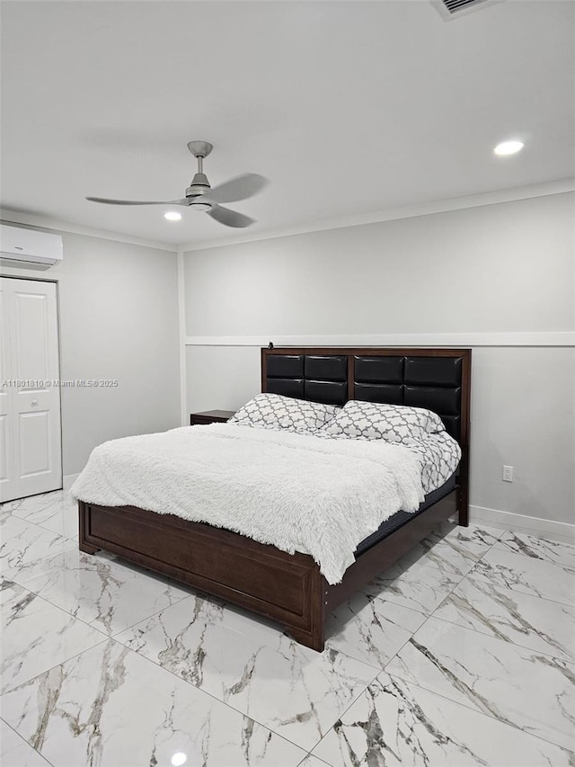 19110 NW 88th Ct, Hialeah, FL 33018 - bedroom with an AC wall unit, recessed lighting, marble look tiles, baseboards, and crown molding