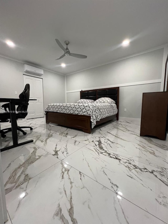 19110 NW 88th Ct, Hialeah, FL 33018 - bedroom featuring an AC wall unit, marble tiled flooring, an office area, ceiling fan, and recessed lighting