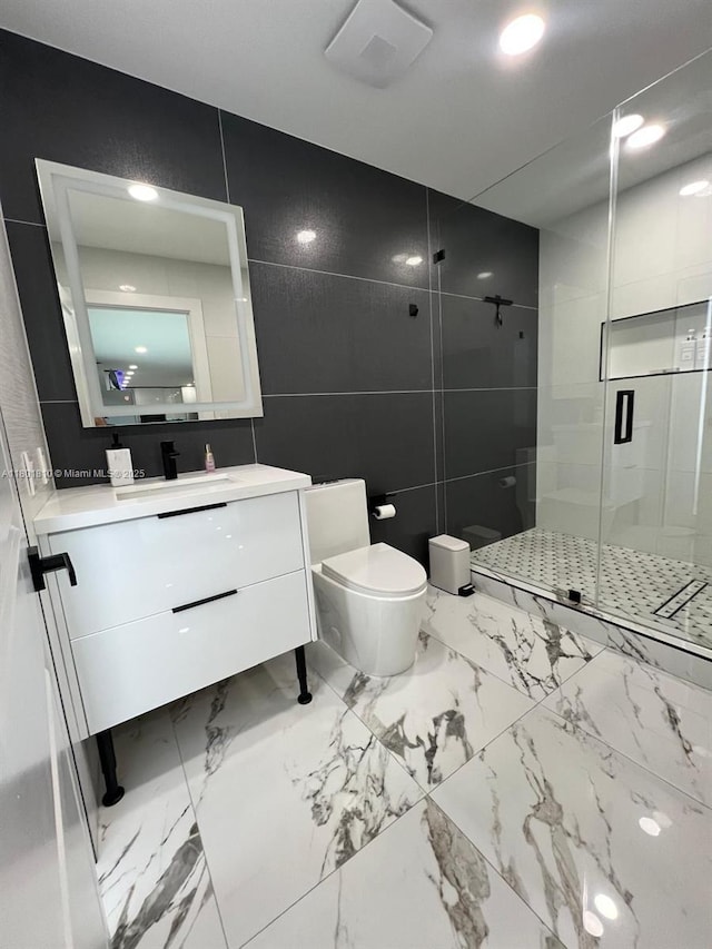 19110 NW 88th Ct, Hialeah, FL 33018 - full bath with a stall shower, toilet, vanity, and marble finish flooring