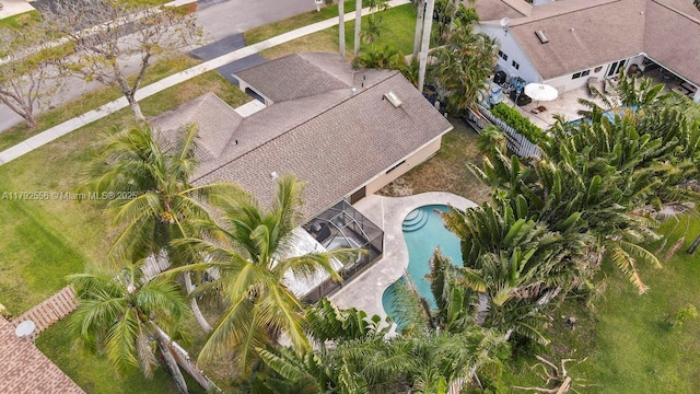 view from above of property featuring a pool