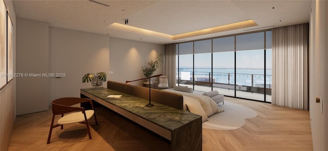 1000 Brickell Plz Unit Uph6201, Miami, FL 33131 - bedroom featuring access to outside, floor to ceiling windows, a tray ceiling, and a water view