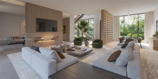living area featuring a multi sided fireplace and carpet floors