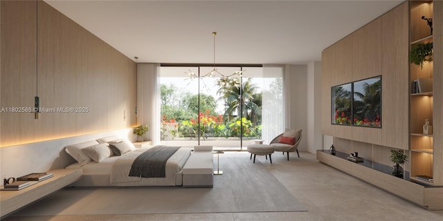 bedroom with carpet floors and a chandelier