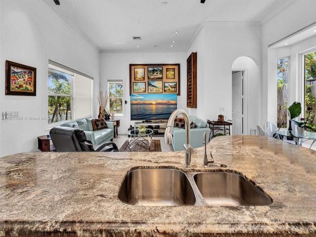 3230 SW 194th Ter, Miramar, FL 33029 - kitchen with a sink, open floor plan, light stone counters, crown molding, and arched walkways