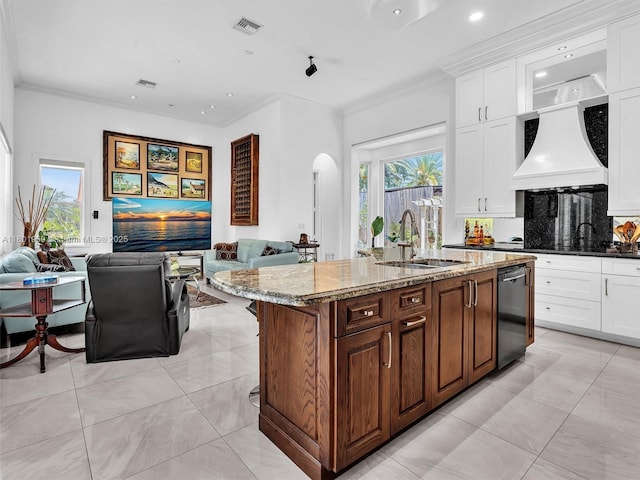 3230 SW 194th Ter, Miramar, FL 33029 - kitchen featuring a sink, dishwashing machine, custom exhaust hood, open floor plan, and light stone counters