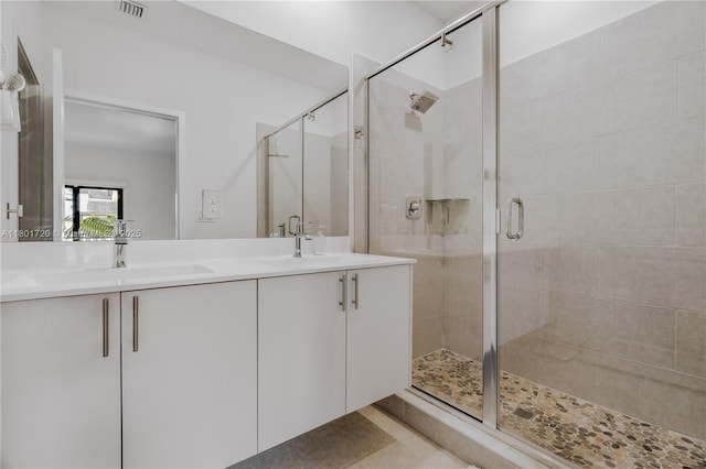 full bath featuring a shower stall and double vanity