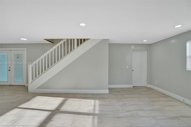 242 SW 9th St, Dania Beach, FL 33004 - unfurnished living room featuring stairs, baseboards, recessed lighting, and french doors