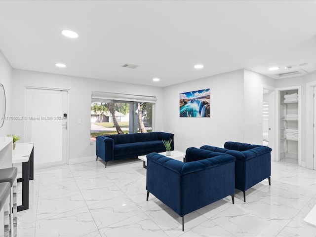 6820 SW 9th St, Pembroke Pines, FL 33023 - living area featuring recessed lighting, light marble finish floors, and baseboards