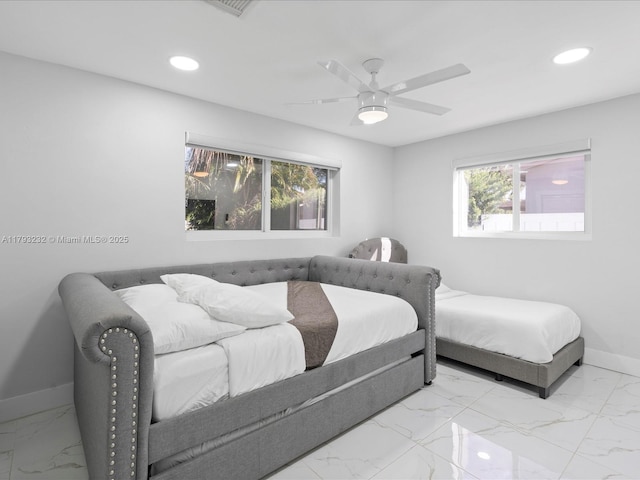 6820 SW 9th St, Pembroke Pines, FL 33023 - bedroom featuring marble finish floors, baseboards, recessed lighting, and ceiling fan