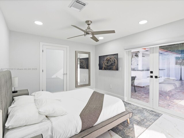 6820 SW 9th St, Pembroke Pines, FL 33023 - bedroom with access to exterior, recessed lighting, marble finish flooring, ceiling fan, and baseboards