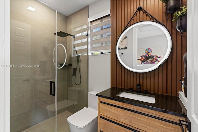 1504 Passion Vine Cir Unit 23-4, Weston, FL 33326 - full bath featuring a shower stall, toilet, vanity, and wood walls