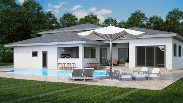 1134 Sorolla Ave, Coral Gables, FL 33134 - rear view of property with a patio area, stucco siding, a lawn, a shingled roof, and an outdoor pool