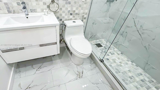 6355 SW 138th Path Unit 6355, Miami, FL 33183 - full bathroom featuring vanity, toilet, a marble finish shower, marble look tile flooring, and tile walls