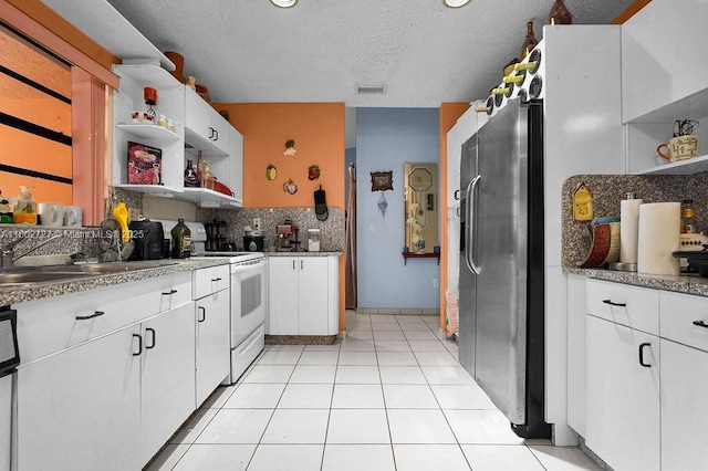 330 SW 133rd Ct, Miami, FL 33184 - kitchen featuring open shelves, white range with electric stovetop, stainless steel fridge with ice dispenser, tasteful backsplash, and a sink