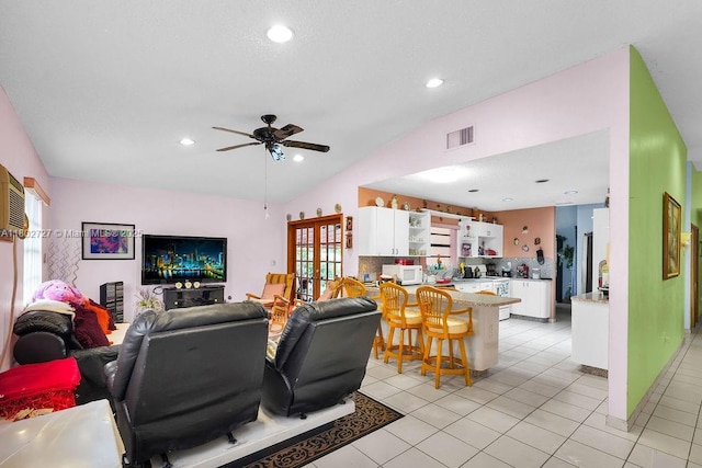 330 SW 133rd Ct, Miami, FL 33184 - living room featuring lofted ceiling, a ceiling fan, light tile patterned floors, and recessed lighting