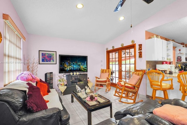 330 SW 133rd Ct, Miami, FL 33184 - living room with light tile patterned floors, ceiling fan, vaulted ceiling, french doors, and recessed lighting