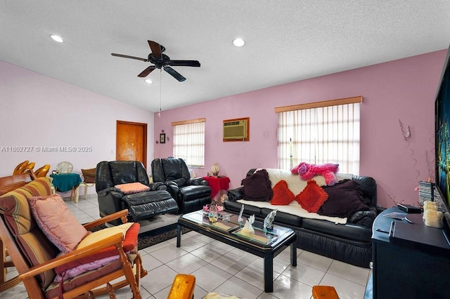 330 SW 133rd Ct, Miami, FL 33184 - living room featuring a ceiling fan, a wall unit AC, lofted ceiling, recessed lighting, and light tile patterned flooring