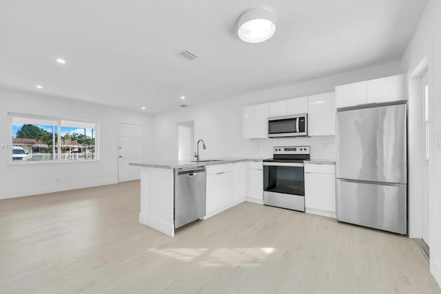 1980 NE 159th St, North Miami Beach, FL 33162 - kitchen featuring stainless steel appliances, a sink, white cabinetry, light wood finished floors, and recessed lighting