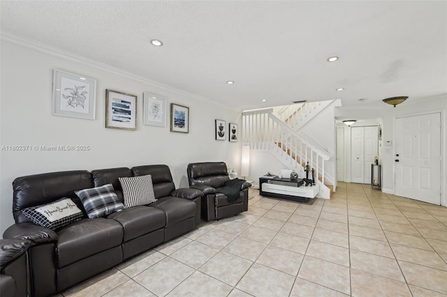 7377 SW 162nd Path, Miami, FL 33193 - living area with light tile patterned flooring, stairway, crown molding, and recessed lighting