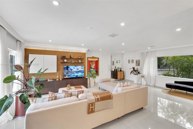 726 NE 17th Way, Fort Lauderdale, FL 33304 - living room with recessed lighting, tile patterned flooring, and ornamental molding