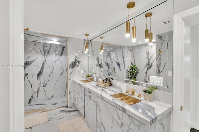 726 NE 17th Way, Fort Lauderdale, FL 33304 - full bath featuring a marble finish shower, marble tiled floors, and double vanity