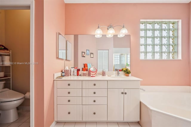bathroom featuring toilet, tile patterned flooring, a bath, vanity, and an enclosed shower