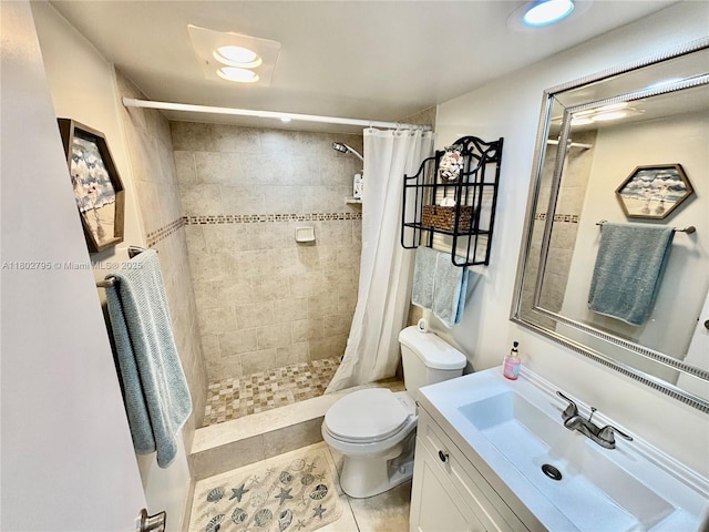 3051 S Palm Aire Dr Unit 203, Pompano Beach, FL 33069 - bathroom with toilet, vanity, tiled shower, tile patterned floors, and recessed lighting